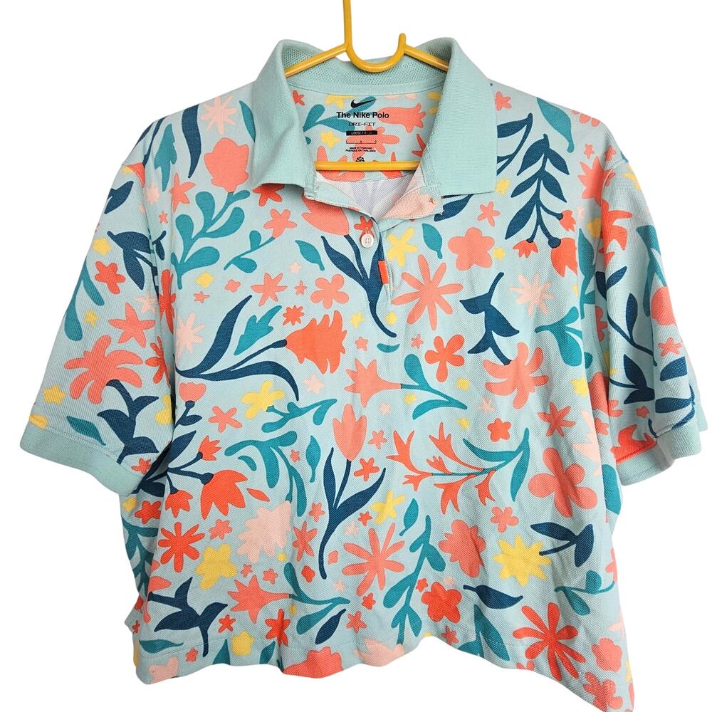 Nike Womens Floral Crop Polo Shirt Sz L Dri-Fit Sporty Stretch Active Wicking